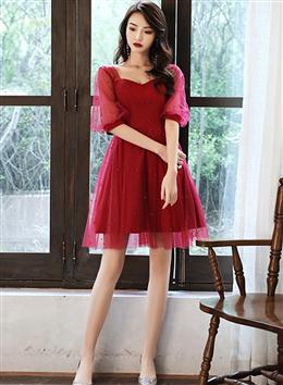 Picture of Wine Red Color Short Sleeves Homecoming Dresses Prom Dresses, Wine Red Color Party Dresses